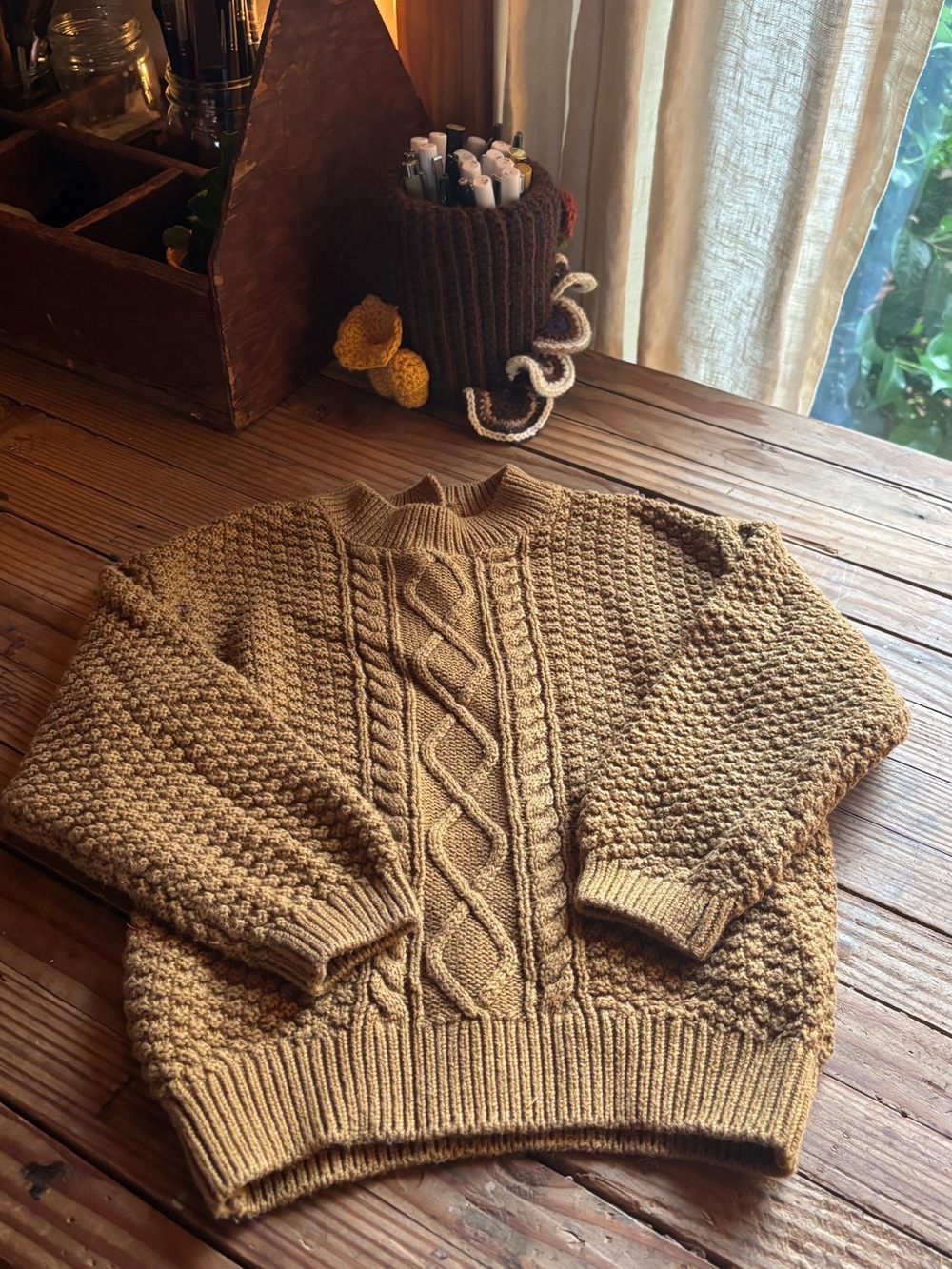 Quincy Mae Cable Knit Fisherman Sweater in Mustard Brown